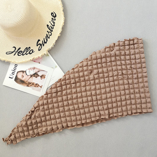Light brown seersucker three-piece bikini swimsuit with a lace-up triangle top, tie-side bottoms, and a matching wrap skirt. - Image 14
