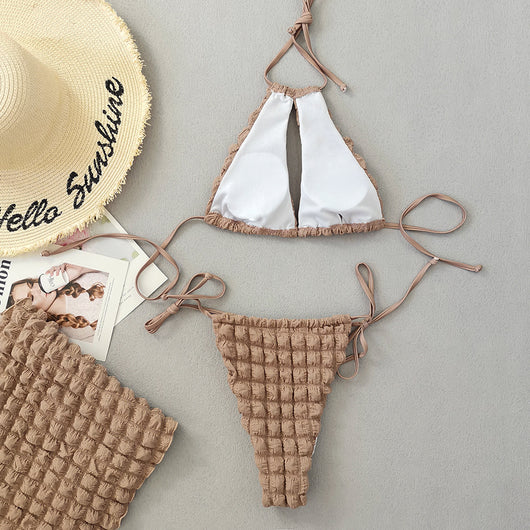 Light brown seersucker three-piece bikini swimsuit with a lace-up triangle top, tie-side bottoms, and a matching wrap skirt. - Image 15