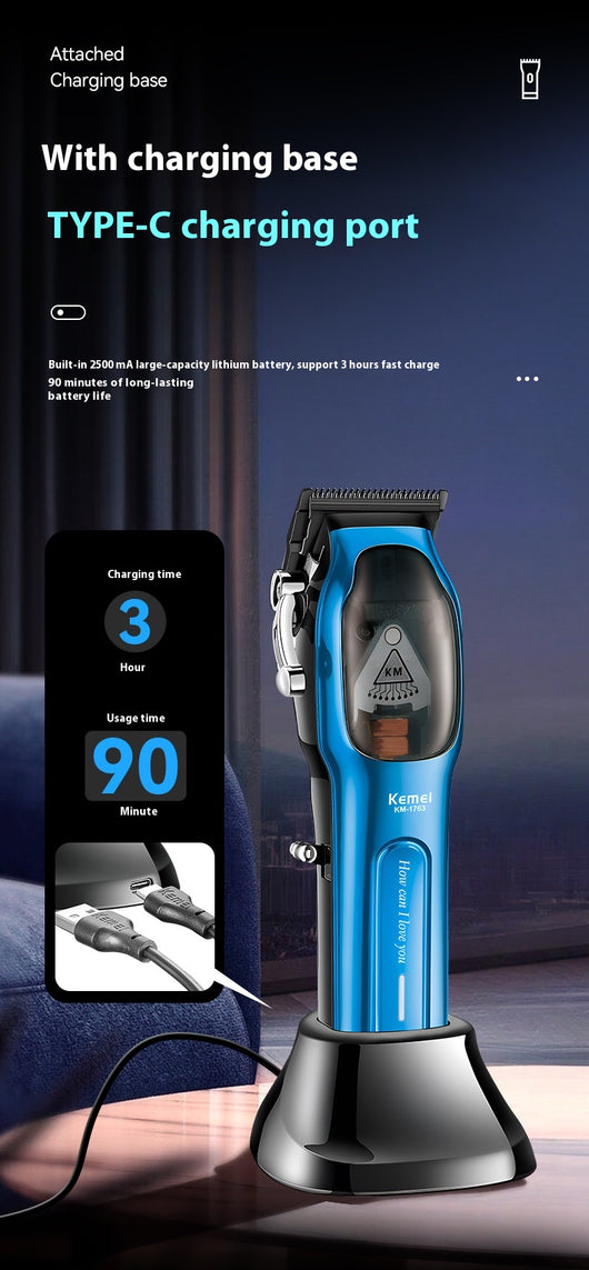 Blue electric hair clipper set with charging base, USB cable, cleaning brush, oil, and six guide combs. - Image 17