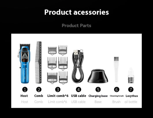Blue electric hair clipper set with charging base, USB cable, cleaning brush, oil, and six guide combs. - Image 18