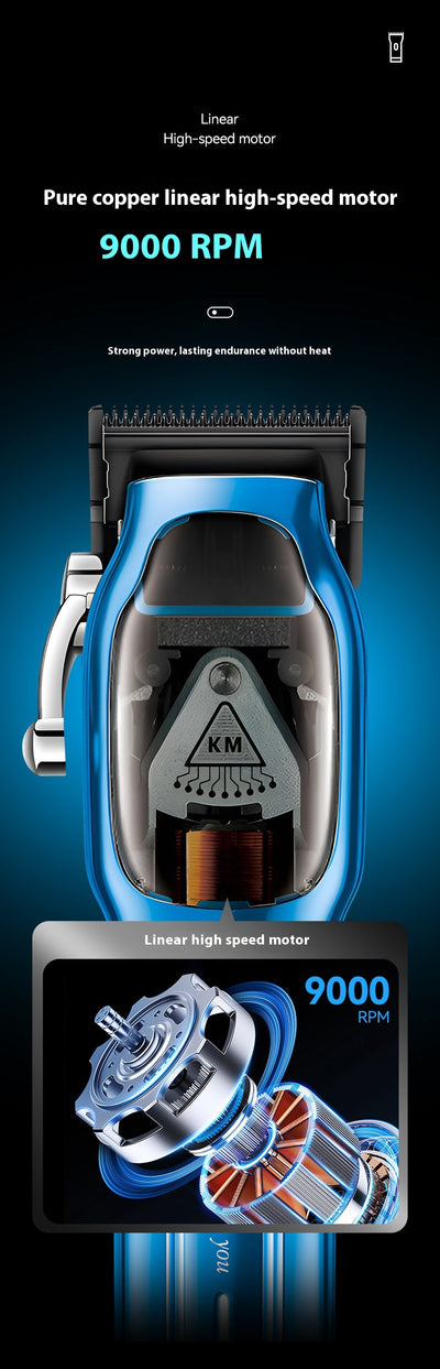 Blue electric hair clipper set with charging base, USB cable, cleaning brush, oil, and six guide combs. - Image 20
