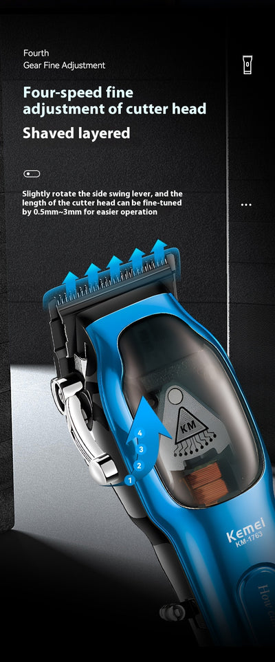 Blue electric hair clipper set with charging base, USB cable, cleaning brush, oil, and six guide combs. - Image 22
