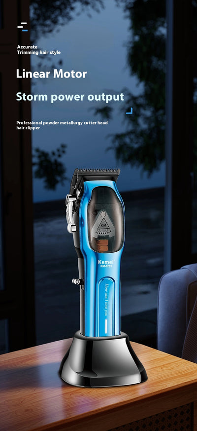 Blue electric hair clipper set with charging base, USB cable, cleaning brush, oil, and six guide combs. - Image 23