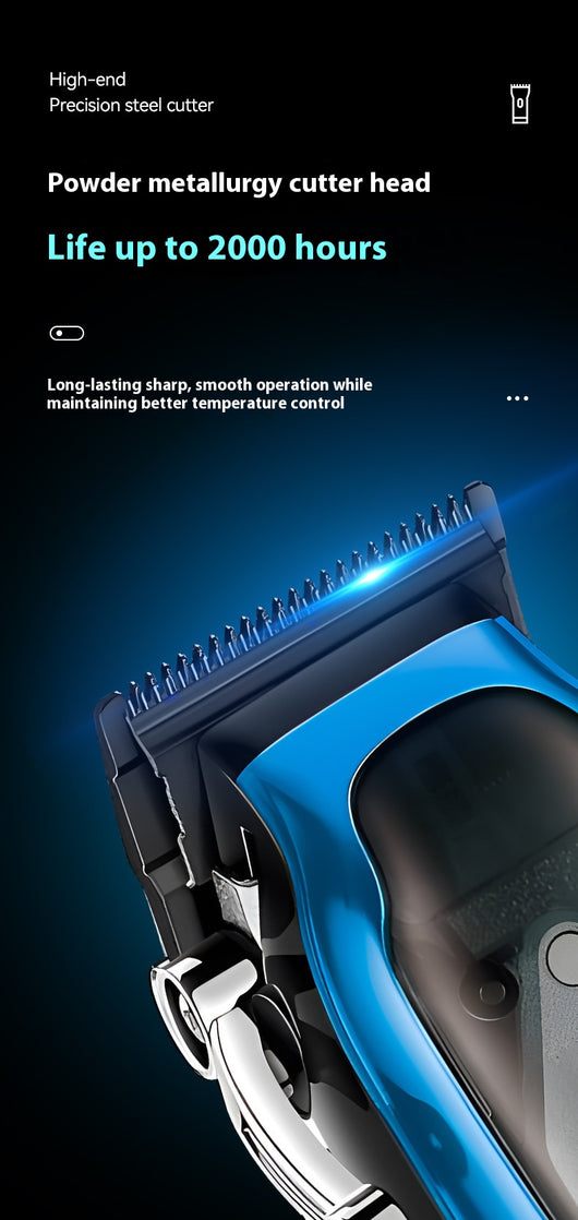 Blue electric hair clipper set with charging base, USB cable, cleaning brush, oil, and six guide combs. - Image 24