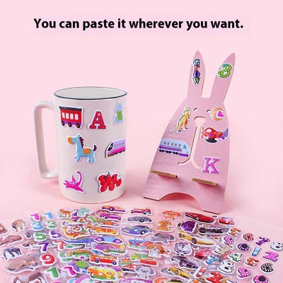 A hand holds a large stack of colorful 3D bubble stickers, with sheets featuring cars, vegetables, numbers, and animals. - Image 13