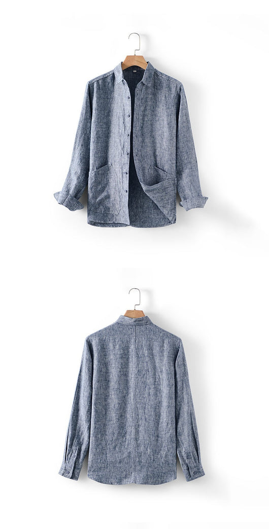Camisa de Lino Suelta con Cuello Polo Manga Larga para Hombre - Image 18