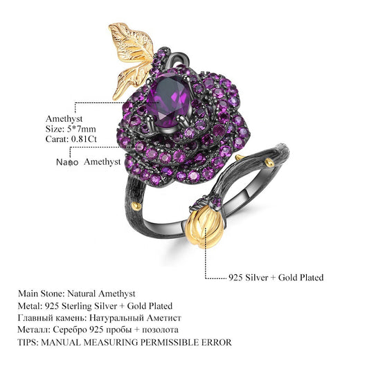 Anillo Ajustable de Plata con Amatista y Guirnalda de Rosas - Image 7
