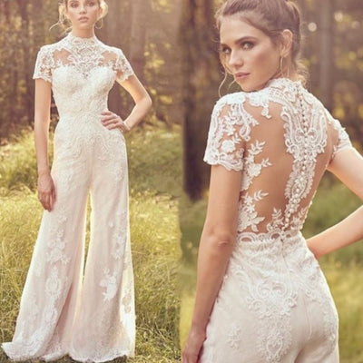Traje Jumpsuit de Novia Elegante Manga Corta - Image 10