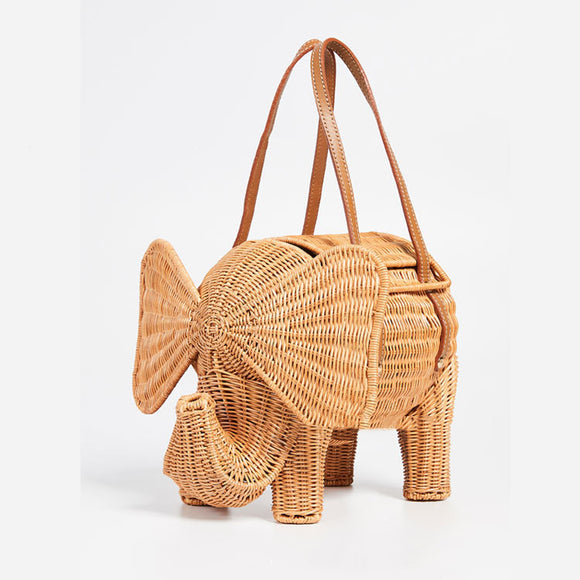 Bolso Tejido de Ratán con Diseño de Elefante en Color Sólido