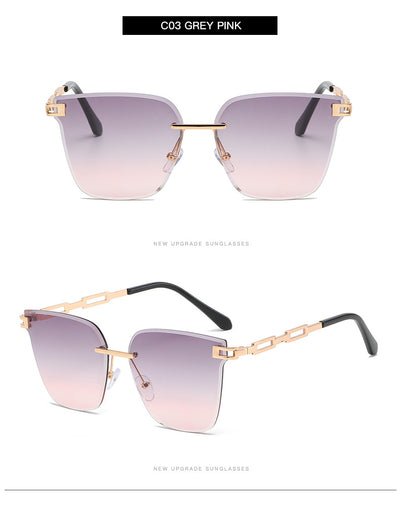 Frameless oversized square sunglasses with brown gradient lenses and gold-tone metal temples, featuring decorative black studs. - Image 27