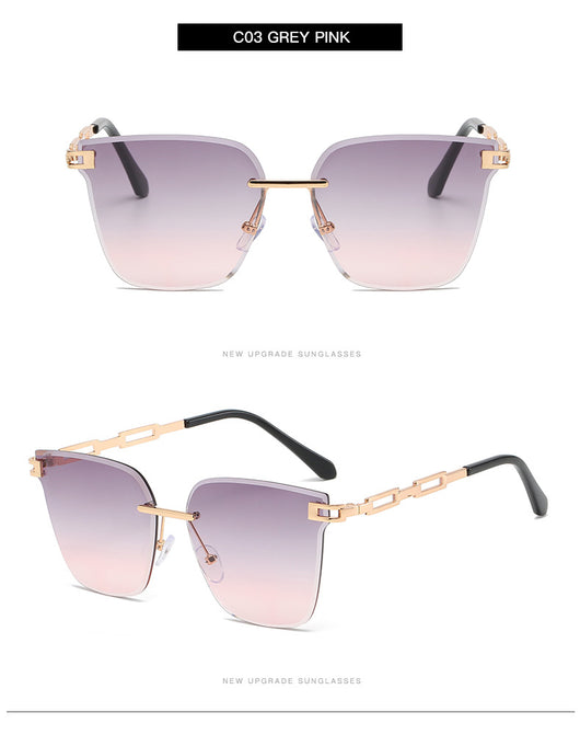 Frameless oversized square sunglasses with brown gradient lenses and gold-tone metal temples, featuring decorative black studs. - Image 27