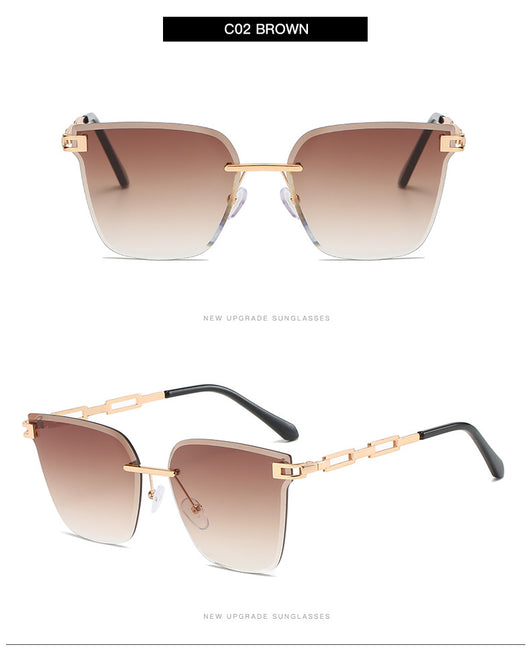 Frameless oversized square sunglasses with brown gradient lenses and gold-tone metal temples, featuring decorative black studs. - Image 28