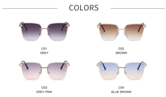 Frameless oversized square sunglasses with brown gradient lenses and gold-tone metal temples, featuring decorative black studs. - Image 29