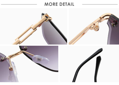 Frameless oversized square sunglasses with brown gradient lenses and gold-tone metal temples, featuring decorative black studs. - Image 34