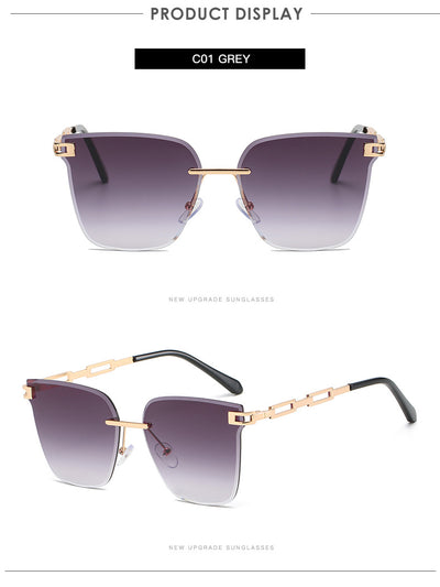 Frameless oversized square sunglasses with brown gradient lenses and gold-tone metal temples, featuring decorative black studs. - Image 36