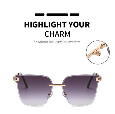 Frameless oversized square sunglasses with brown gradient lenses and gold-tone metal temples, featuring decorative black studs. - Image 39