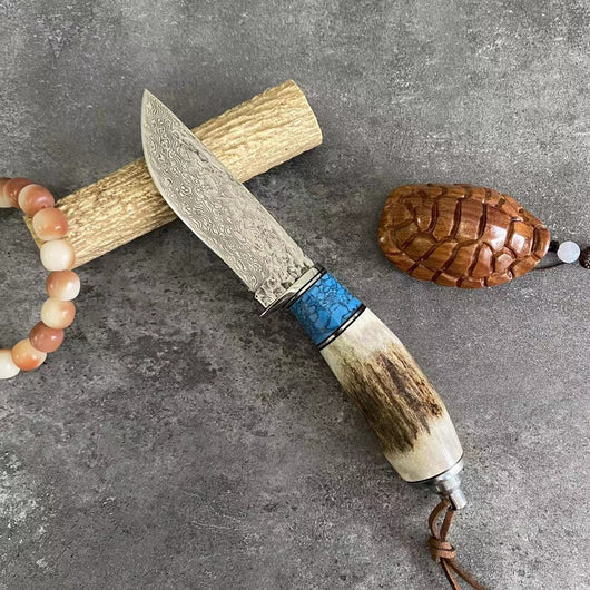 Cuchillo de Asta de Venado con Acero Damasceno y Mango Turquesa - Image 25