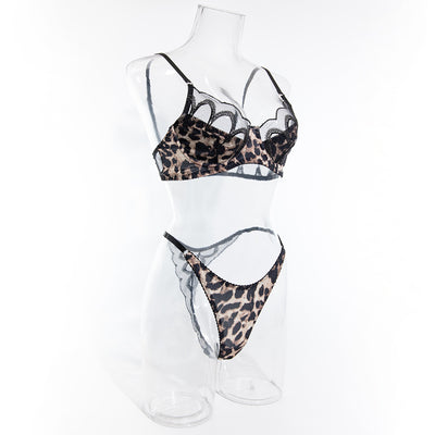 Leopard print bra and thong set with black lace trim, featuring an underwire bra and matching thong. - Image 23