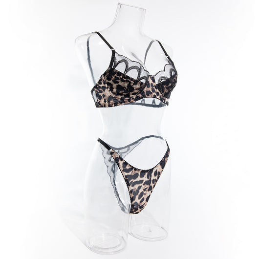 Leopard print bra and thong set with black lace trim, featuring an underwire bra and matching thong. - Image 23