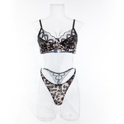 Leopard print bra and thong set with black lace trim, featuring an underwire bra and matching thong. - Image 25