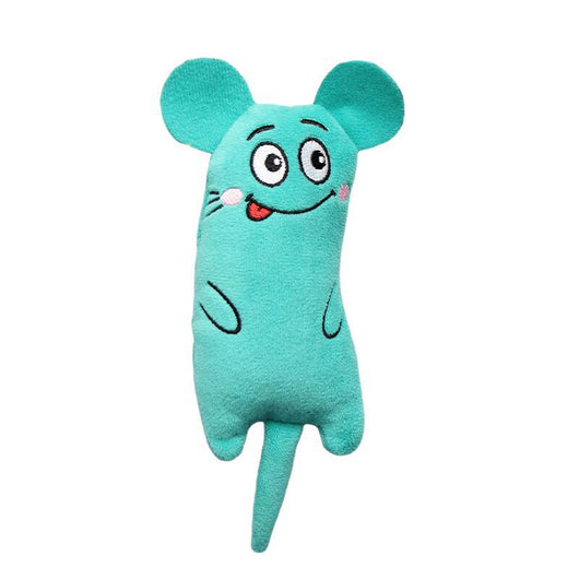 Light blue plush cat toy with embroidered sleepy eyes, pink cheeks, and black body markings. - Image 9