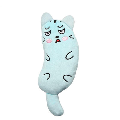 Light blue plush cat toy with embroidered sleepy eyes, pink cheeks, and black body markings. - Image 13