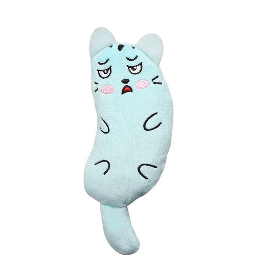 Light blue plush cat toy with embroidered sleepy eyes, pink cheeks, and black body markings. - Image 13
