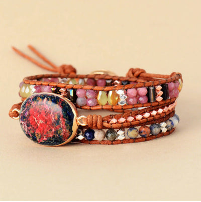 Pulsera Artesanal Multicapa con Piedra Jaspe Rosa Imperial y Cuero - Regalo Ideal - Image 6