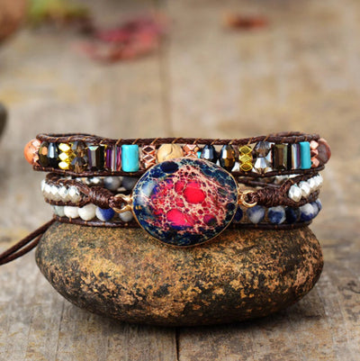 Pulsera Artesanal Multicapa con Piedra Jaspe Rosa Imperial y Cuero - Regalo Ideal - Image 7