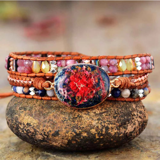 Pulsera Artesanal Multicapa con Piedra Jaspe Rosa Imperial y Cuero - Regalo Ideal - Image 8