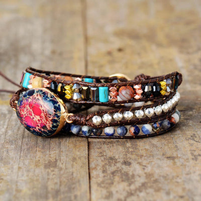 Pulsera Artesanal Multicapa con Piedra Jaspe Rosa Imperial y Cuero - Regalo Ideal - Image 9