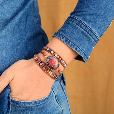 Pulsera Artesanal Multicapa con Piedra Jaspe Rosa Imperial y Cuero - Regalo Ideal - Image 10