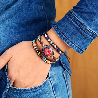 Pulsera Artesanal Multicapa con Piedra Jaspe Rosa Imperial y Cuero - Regalo Ideal - Image 11