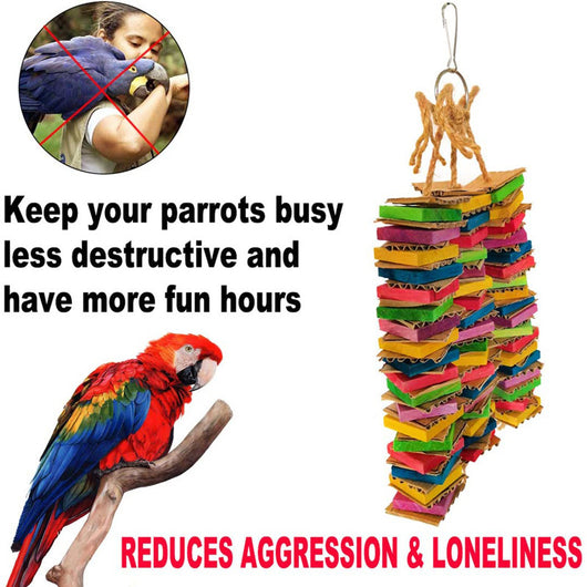 Colorful parrot gnawing toy with stacked cardboard blocks in red, green, yellow, blue, and pink, hanging from a rope. - Image 9