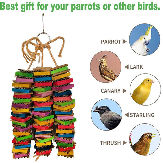 Colorful parrot gnawing toy with stacked cardboard blocks in red, green, yellow, blue, and pink, hanging from a rope. - Image 10