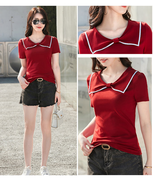 Blusa Coreana Cuello Redondo con Lazo Ajustada de Algodón Manga Corta - Image 32