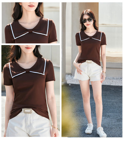 Blusa Coreana Cuello Redondo con Lazo Ajustada de Algodón Manga Corta - Image 33