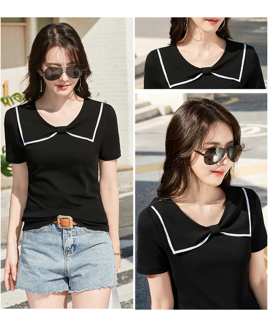 Blusa Coreana Cuello Redondo con Lazo Ajustada de Algodón Manga Corta - Image 34