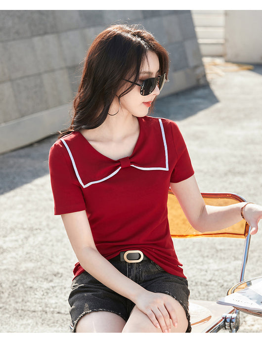Blusa Coreana Cuello Redondo con Lazo Ajustada de Algodón Manga Corta - Image 35