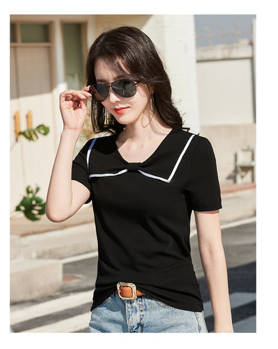 Blusa Coreana Cuello Redondo con Lazo Ajustada de Algodón Manga Corta - Image 39