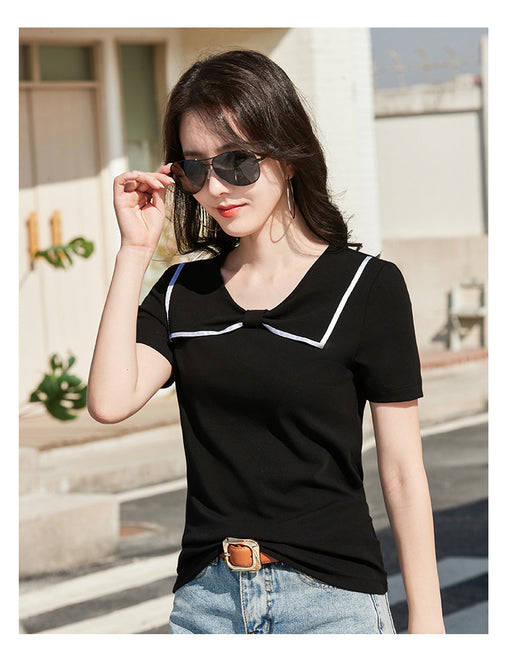 Blusa Coreana Cuello Redondo con Lazo Ajustada de Algodón Manga Corta - Image 39