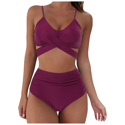 Teal wrap-around bikini top with high-waisted bottoms featuring a vibrant tropical leaf print in blue, pink, and purple. - Image 15