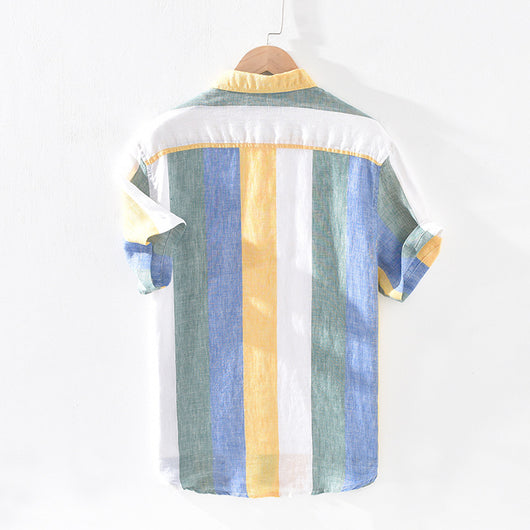 Camisa de Lino Rayada para Hombre - Cuello Cuadrado Suelta y Fresca - Image 6