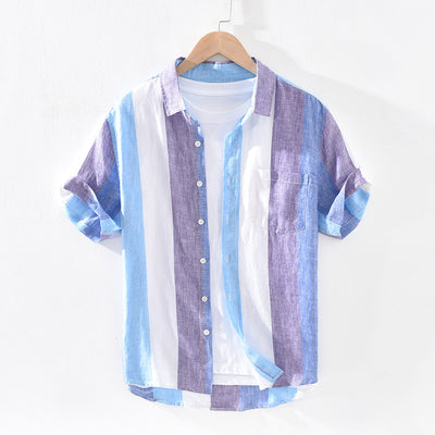 Camisa de Lino Rayada para Hombre - Cuello Cuadrado Suelta y Fresca - Image 7