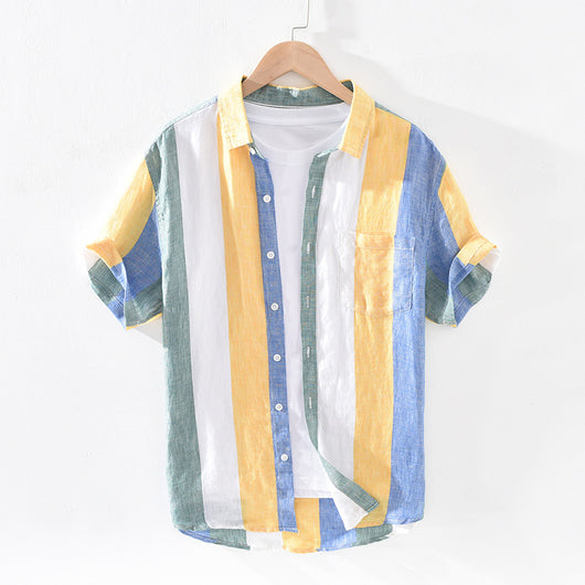 Camisa de Lino Rayada para Hombre - Cuello Cuadrado Suelta y Fresca - Image 9