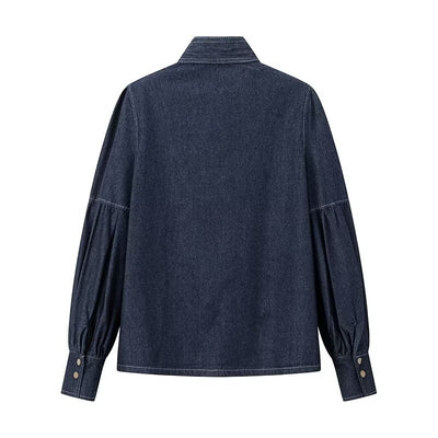 Camisa Denim Azul Oscuro Lavado - Diseño Casual con Cordones y Lazo - Image 21