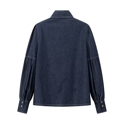 Camisa Denim Azul Oscuro Lavado - Diseño Casual con Cordones y Lazo - Image 21