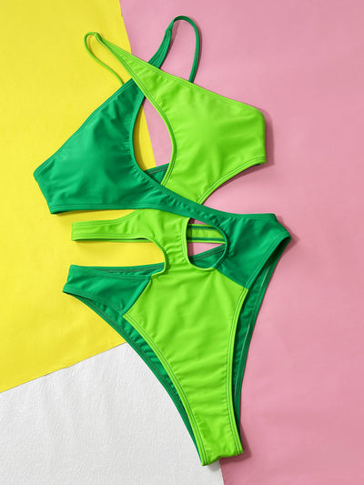 Women's hollow contrast color one-piece swimsuit in vibrant green and lime green with a halter neck and cut-outs. - Image 17