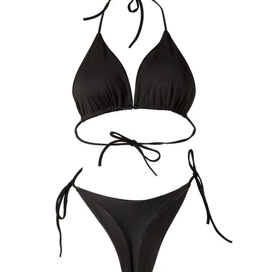 Woman in a bright pink solid color string bikini with a triangle top and T-back bottom, featuring side ties. - Image 13