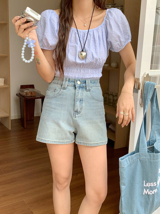 Shorts Denim Cintura Alta Elástico en Cuatro Lados Tonos Claros - Image 13